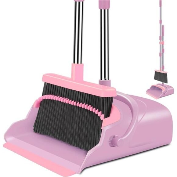 Stand Up Broom and Dustpan Set Indoor Outdoor Long Handle Heavy Duty Bristles - Picture 1 of 8